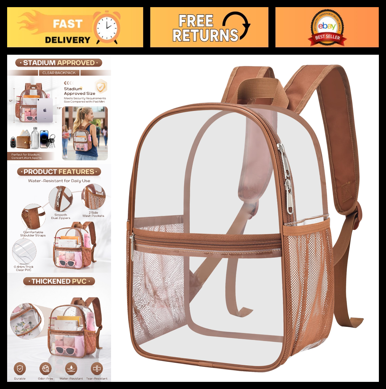 Clear Stadium Backpack - 12x6x12, Durable PVC, 2 Side Pockets, Ideal for Events0