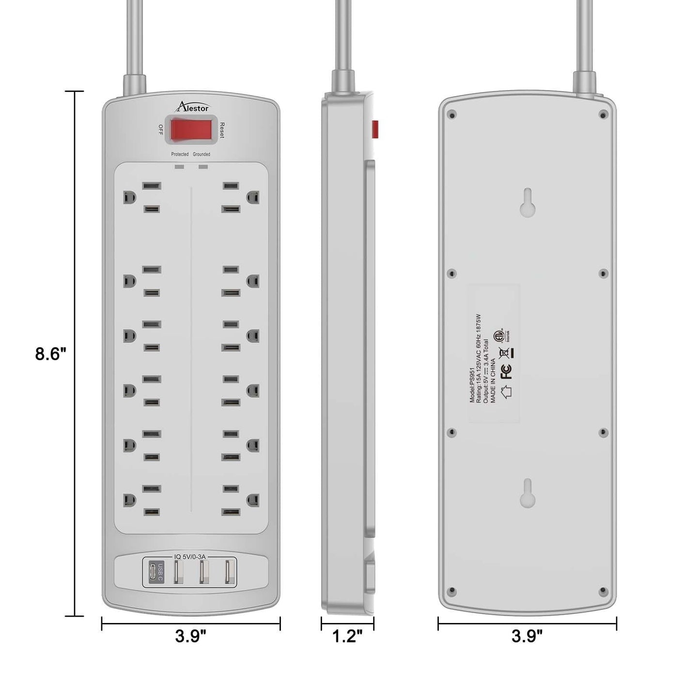 Surge Protector Power Strip with 12 Outlets & 4 USB Ports, 6ft Cord, 2700J ETL6