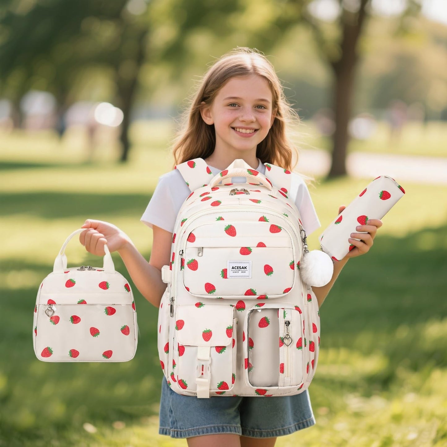 Stylish Girls Backpack with Lunch Bag & Pencil Pouch   Teen Laptop Bookbag, Beig2