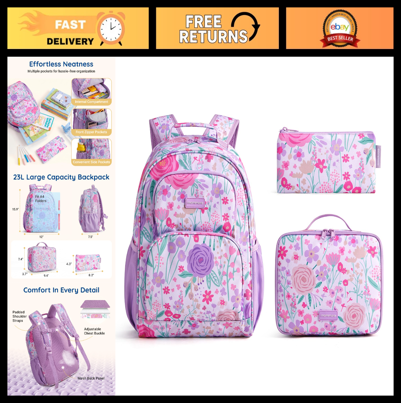 Kids Backpack Set 3PCS for School, Large Capacity 23L, Lightweight, Water-Resist0