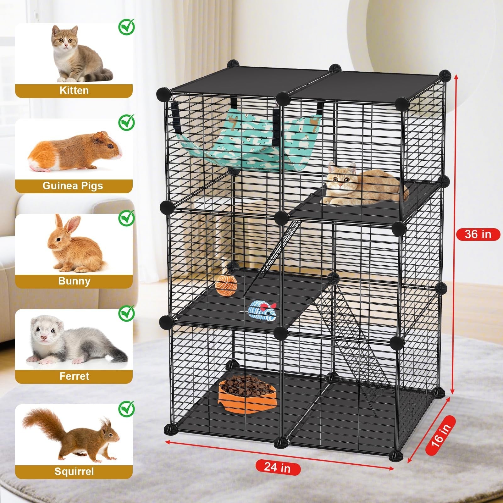 3 Tier Cat Cage Enclosure for Kittens, Indoor/Outdoor Playpen with Hammock, 24"x2