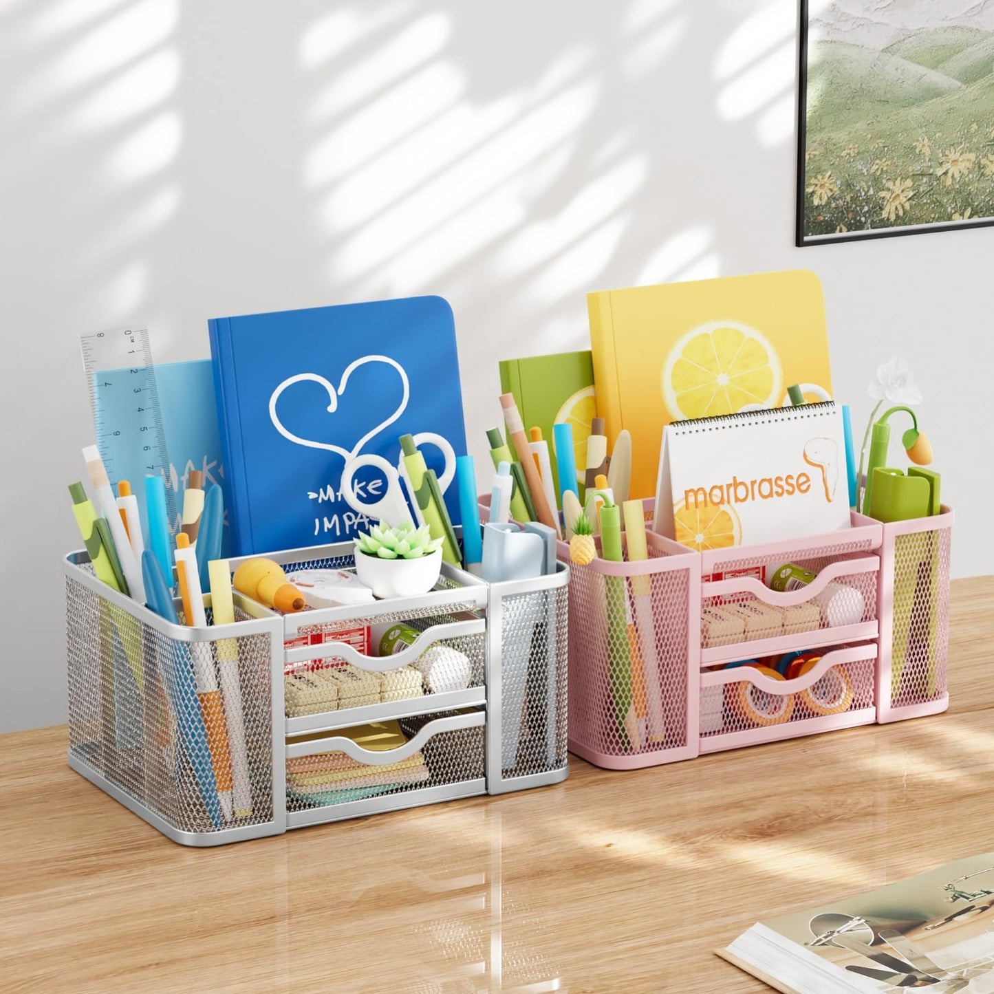 Multi Functional Mesh Desk Organizer with 2 Drawers, 5 Compartments   Pink Penci2