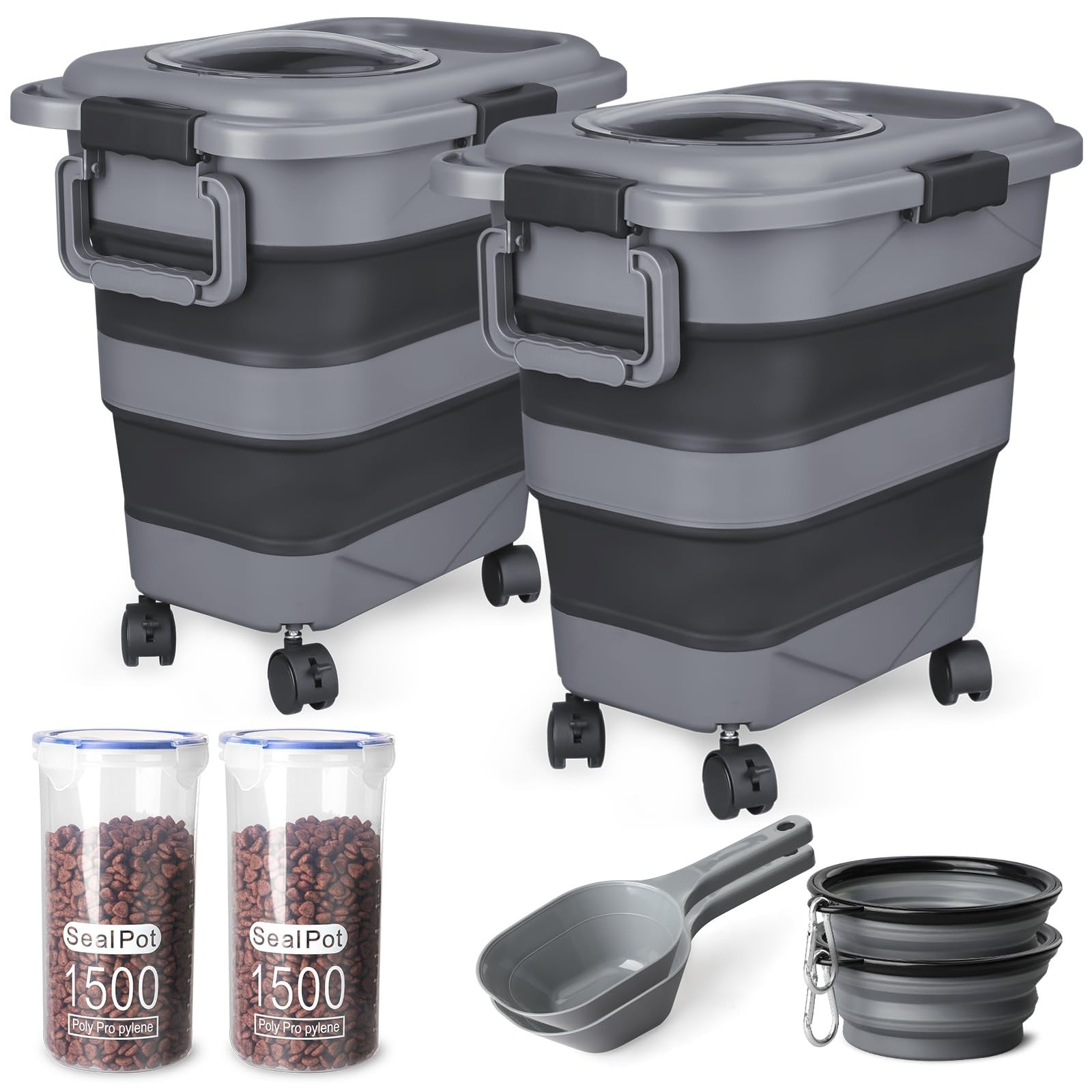 Airtight Dog & Cat Food Storage Container 2 Pack, 25 lbs, Collapsible, Wheels &1
