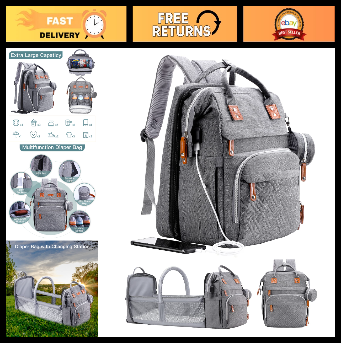 Diaper Bag Backpack with Changing Station   Stylish Baby Bag for Moms, Grey0