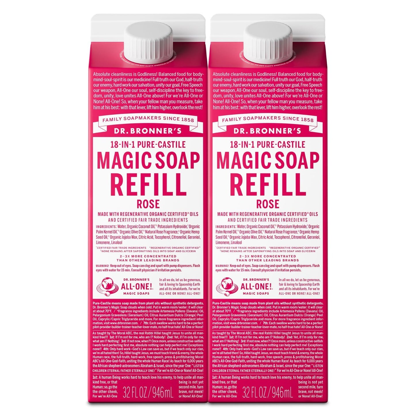 Pure Castile Liquid Soap Refill 32oz - Rose Scent, 2-Pack, Vegan, Organic, Multi1