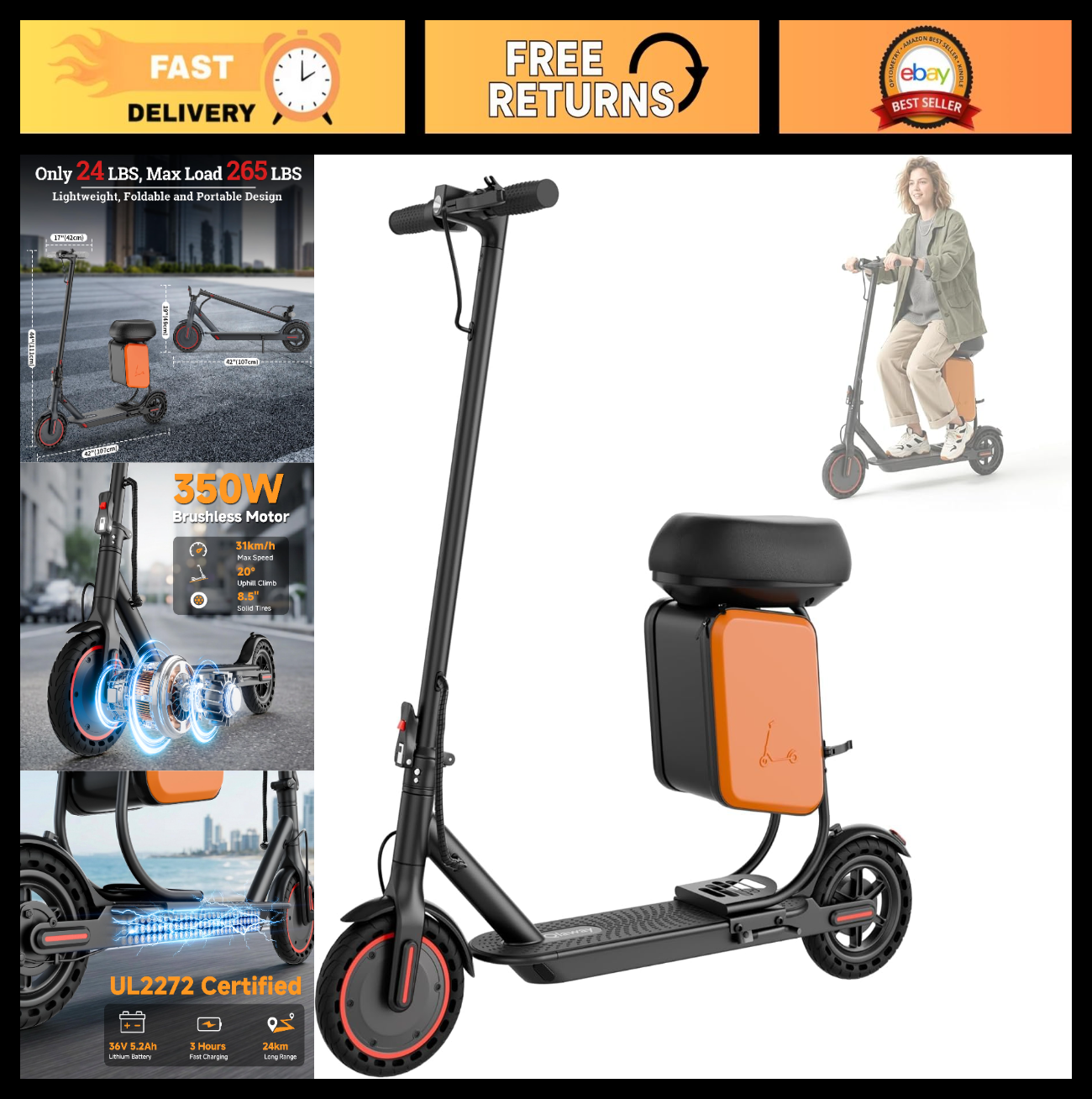 Electric Scooter 8.5''/10'' - 19/20MPH, 700/1000W Motor, 15/22 Miles Range, Port0