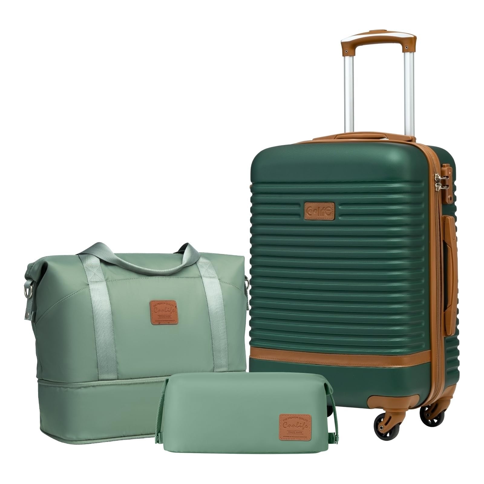 3-Piece Dark Green Luggage Set - Carry-On Suitcase with 360° Spinner Wheels, Tro1