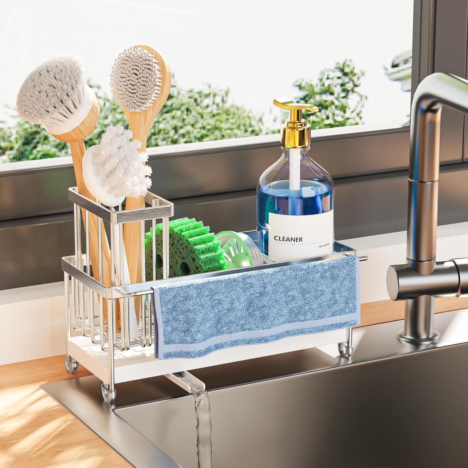 Kitchen Sink Caddy Organizer with Brush Holder, Rustproof Stainless Steel, Towel1