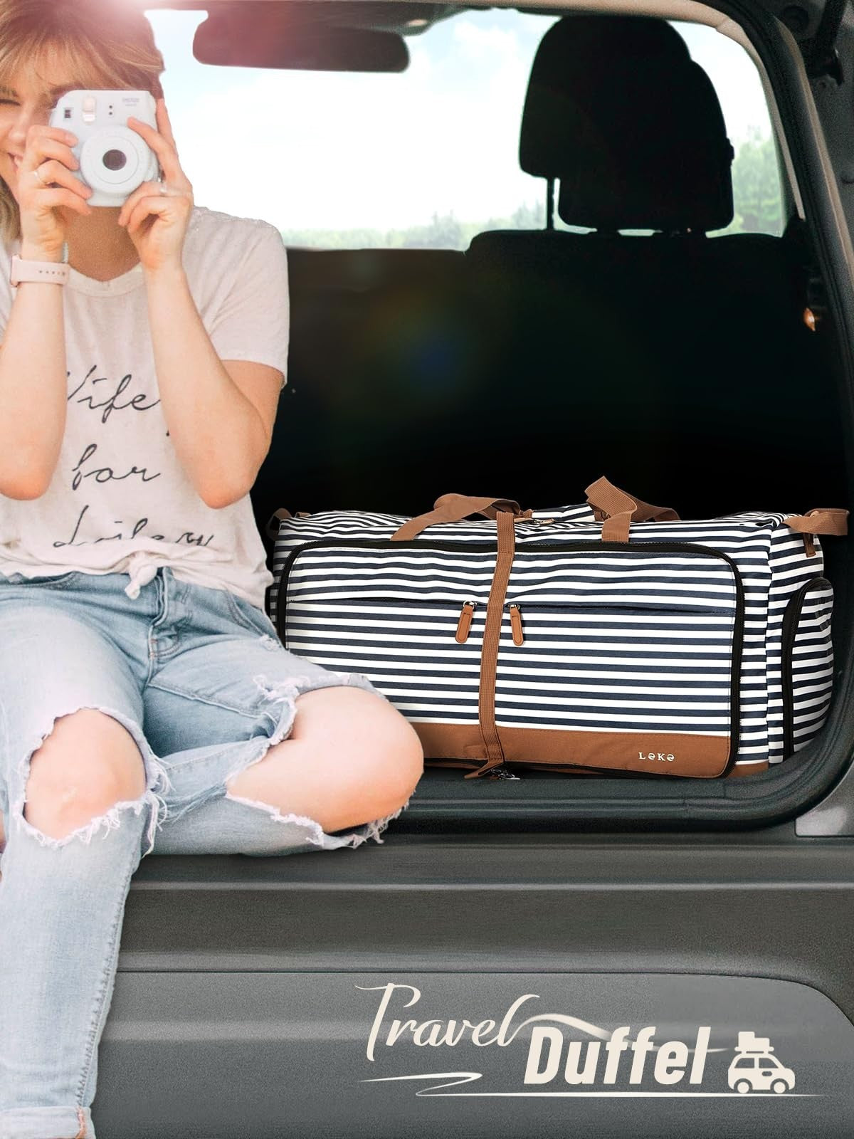 60L Foldable Travel Duffle Bag for Women, Large Weekend Bag with Shoe Compartmen2
