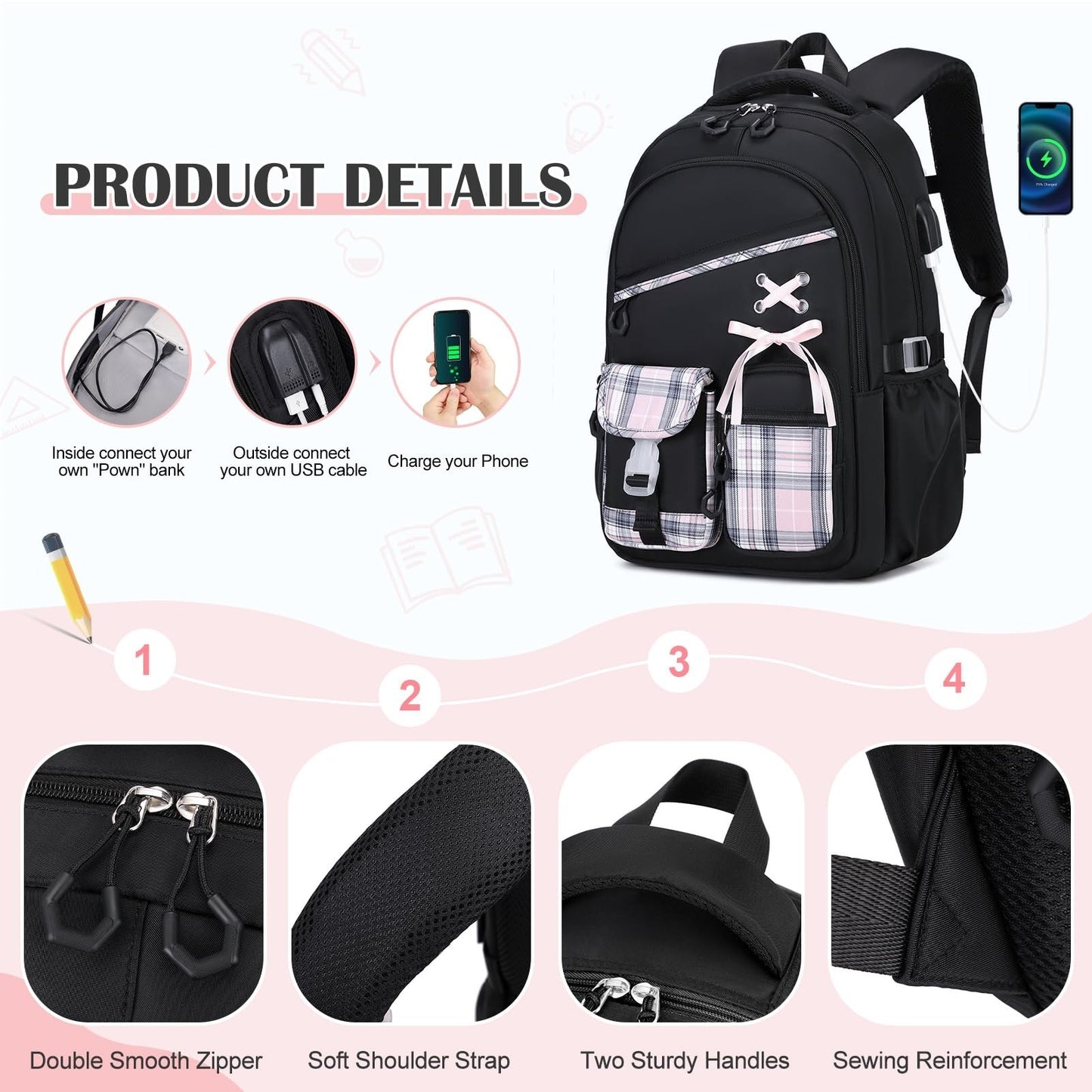 3PCS Girls School Backpack Set with Lunch Box & Pencil Pouch   Stylish & Durable4