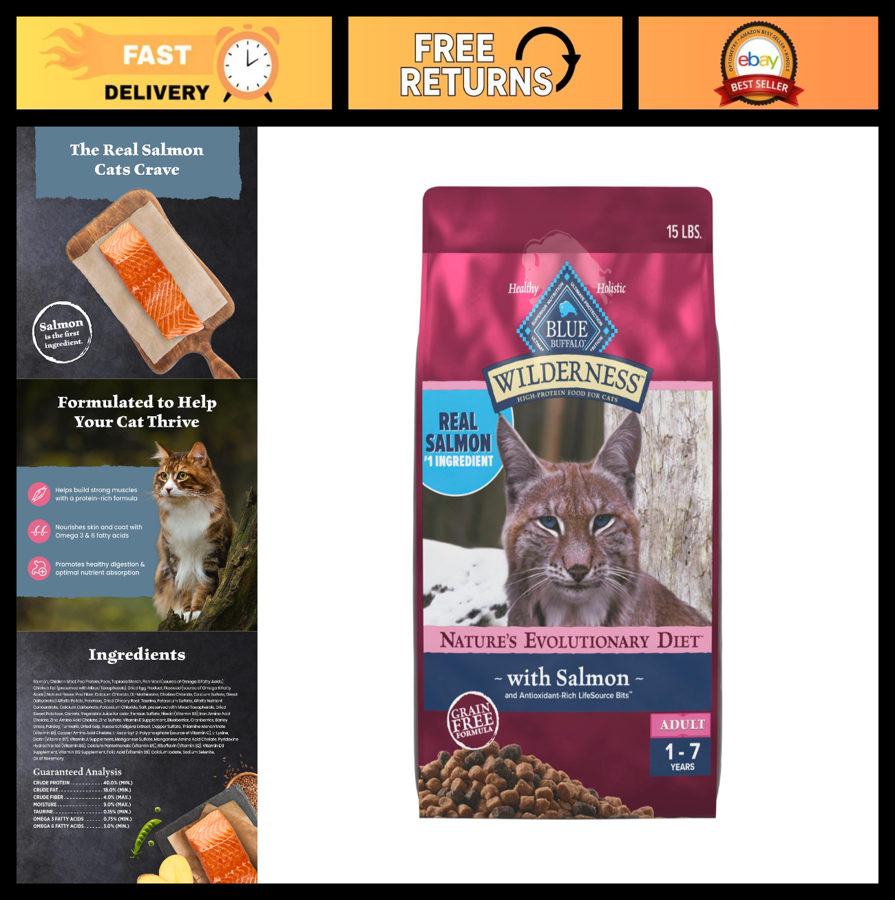 Grain Free Salmon Adult Dry Cat Food, High Protein, 15 lb   Natural & Healthy Di0