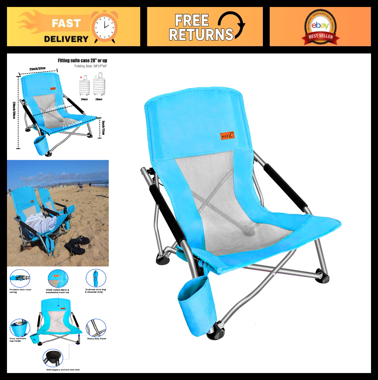 Compact Folding Beach Chair with Cup Holder - Heavy Duty Outdoor Camping, Travel0