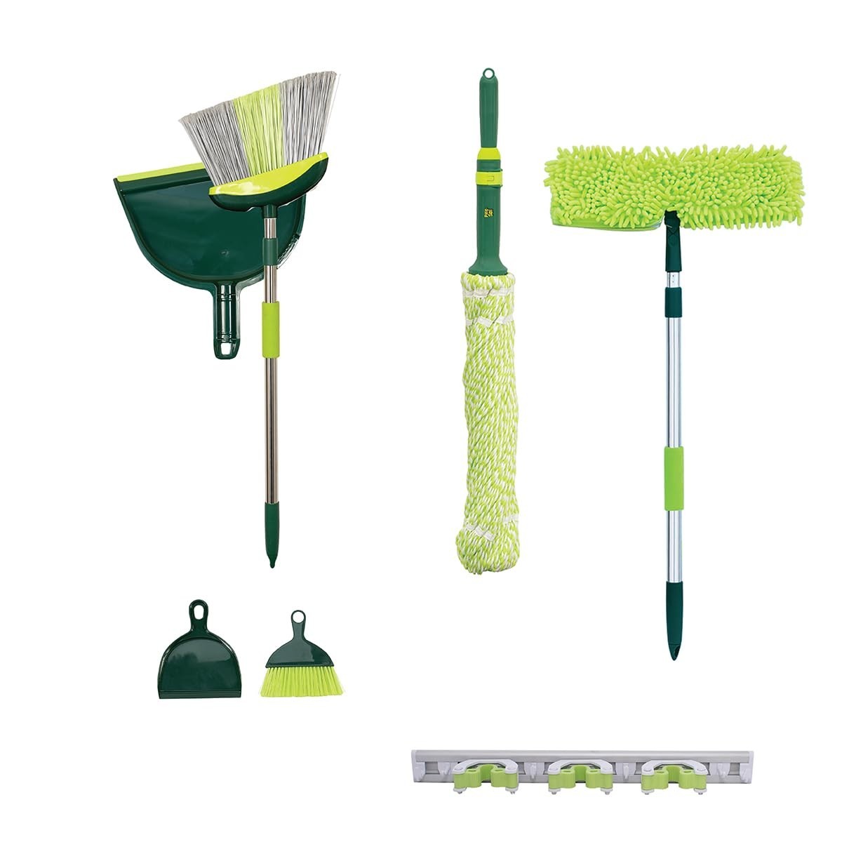 All-in-One Floor Cleaning Set - Angled Broom, Microfiber Mops, Dustpan & Rack -3