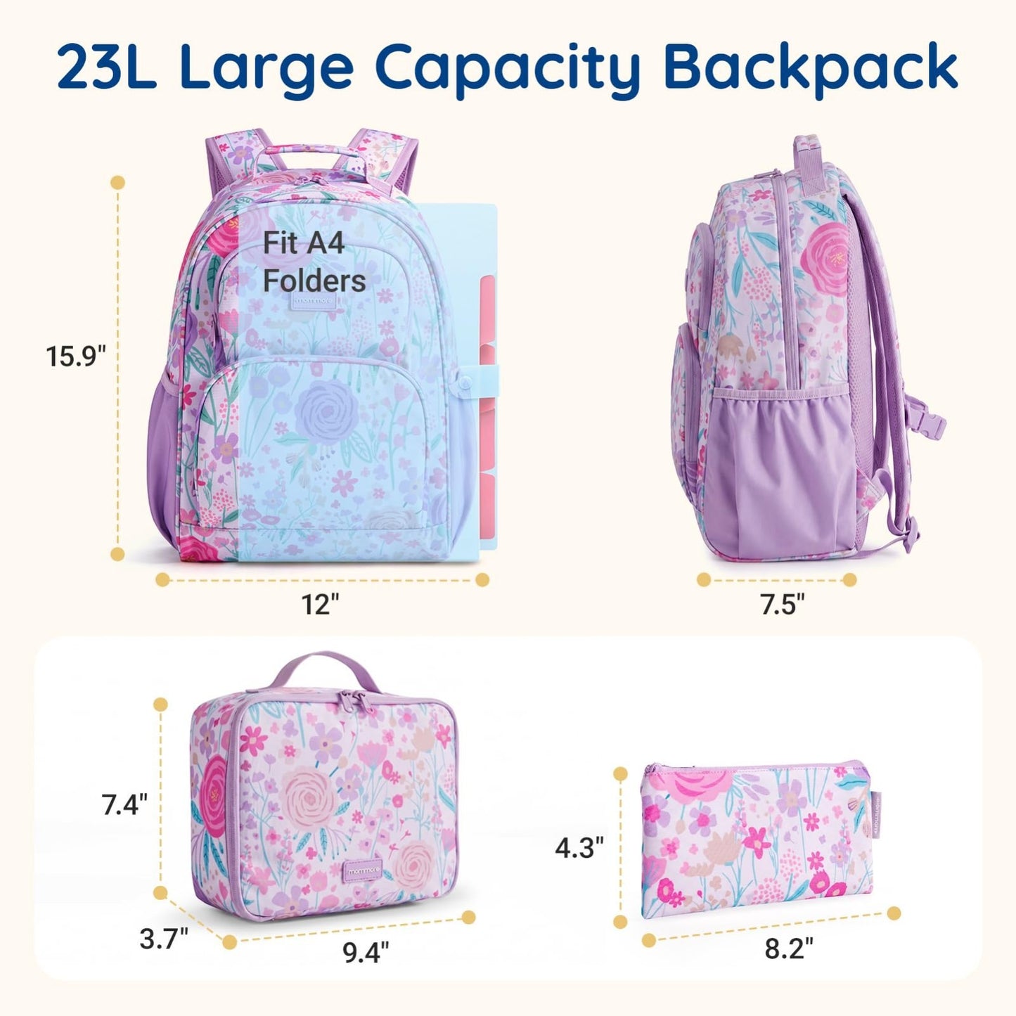 Kids Backpack Set 3PCS - Large Capacity 23L School Bag for Boys & Girls, Lightwe3