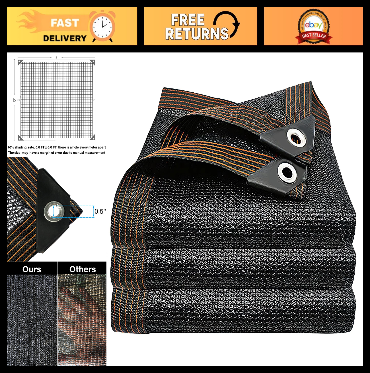 70% Black Shade Cloth 6.6x6.6 FT Durable Mesh Tarp with Grommets for Garden, Gre0