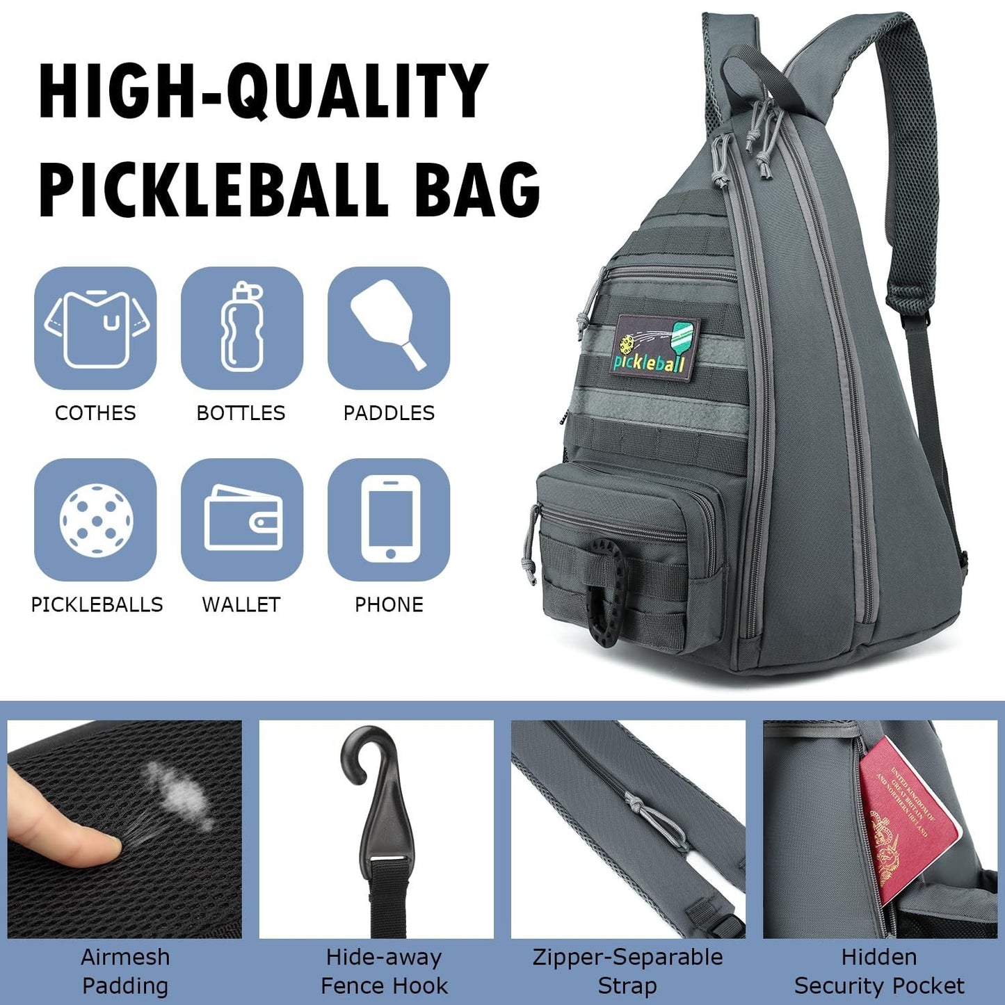 Tactical Pickleball Backpack for Men & Women | Adjustable Sling Bag, Fence Hook,3