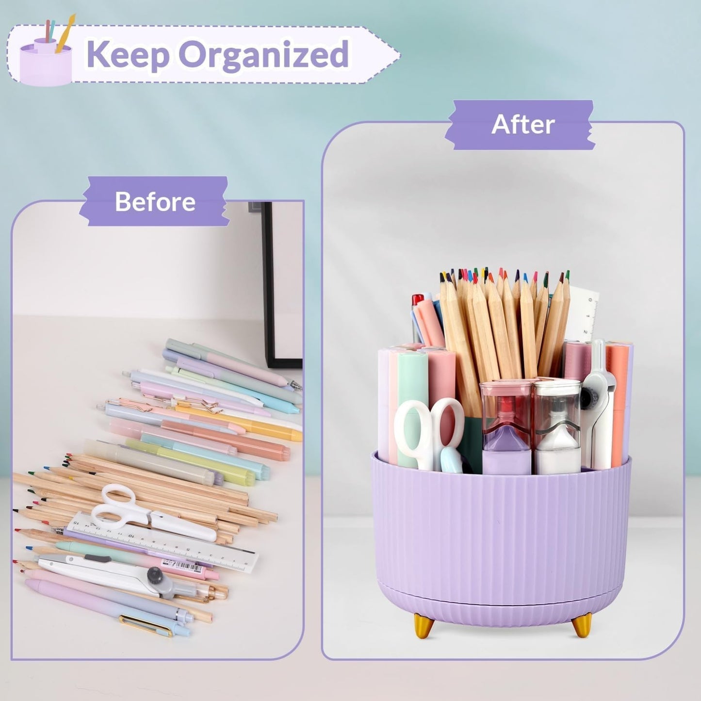 360° Rotating Purple Pen & Art Supply Organizer   5 Slot Desk Storage for Office4
