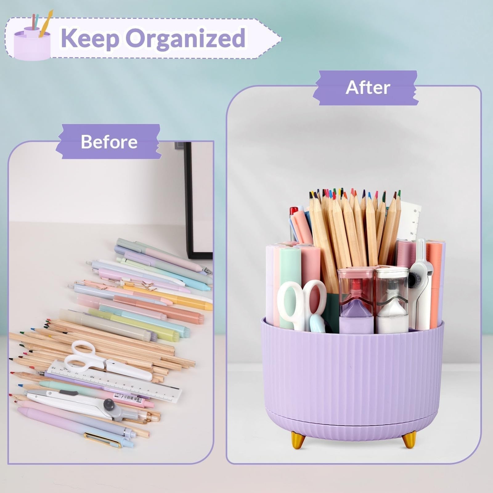 360° Rotating Purple Pen & Art Supply Organizer   5 Slot Desk Storage for Office4