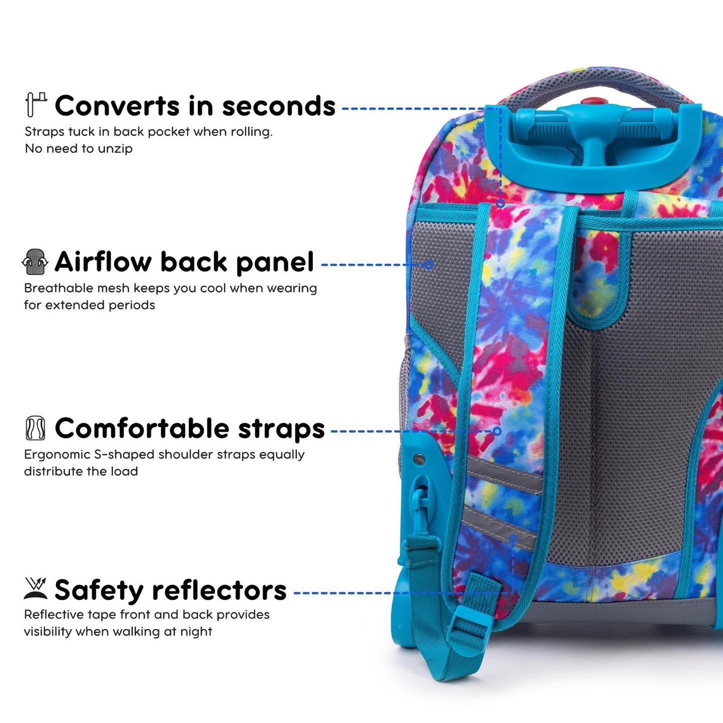 Kids Rolling Backpack with Wheels, Tie Dye School Bookbag for Girls & Boys, 18"x6