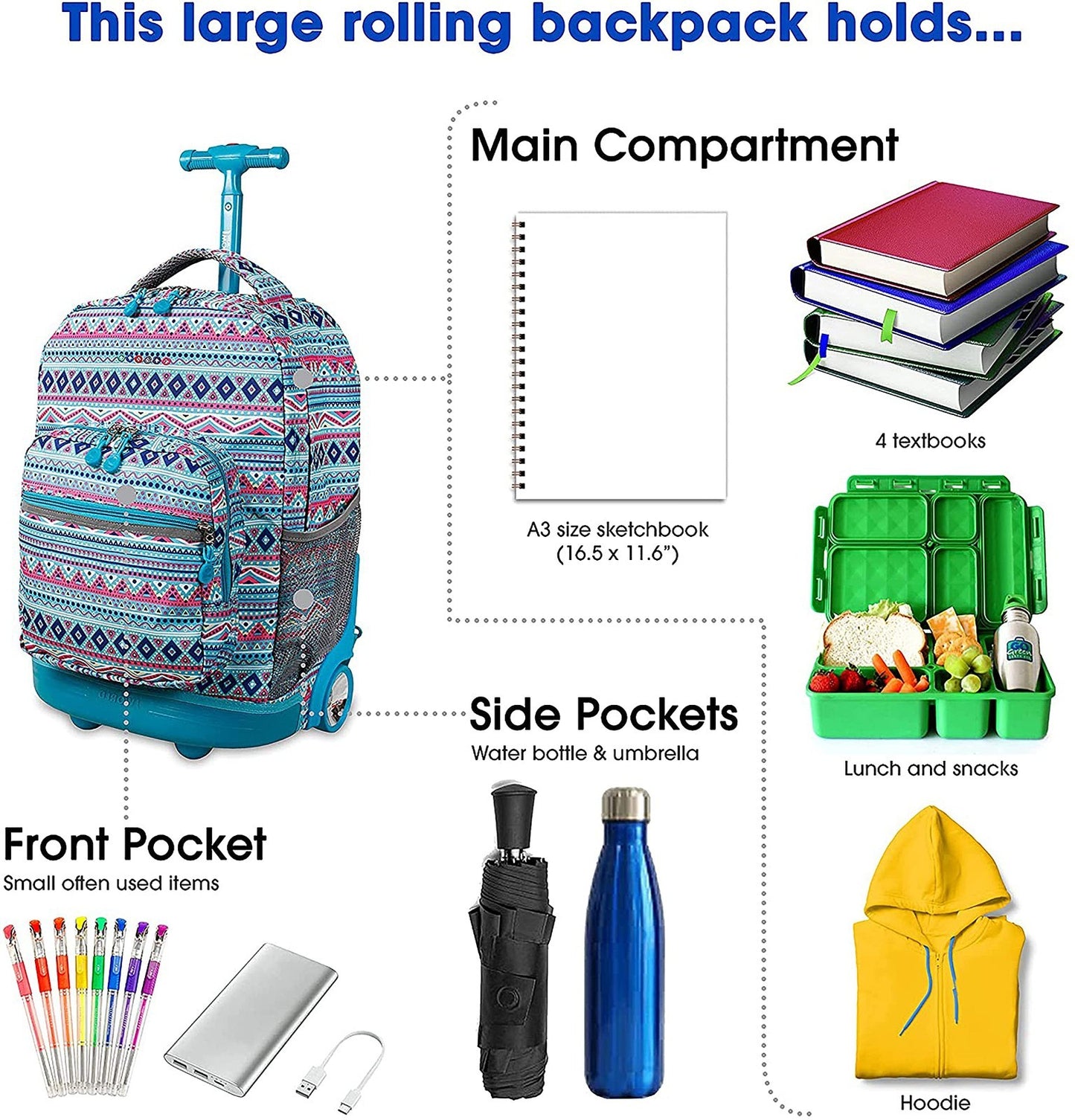 Rolling Backpack with Wheels, Mint Tribal Design, Lightweight & Durable Travel B2