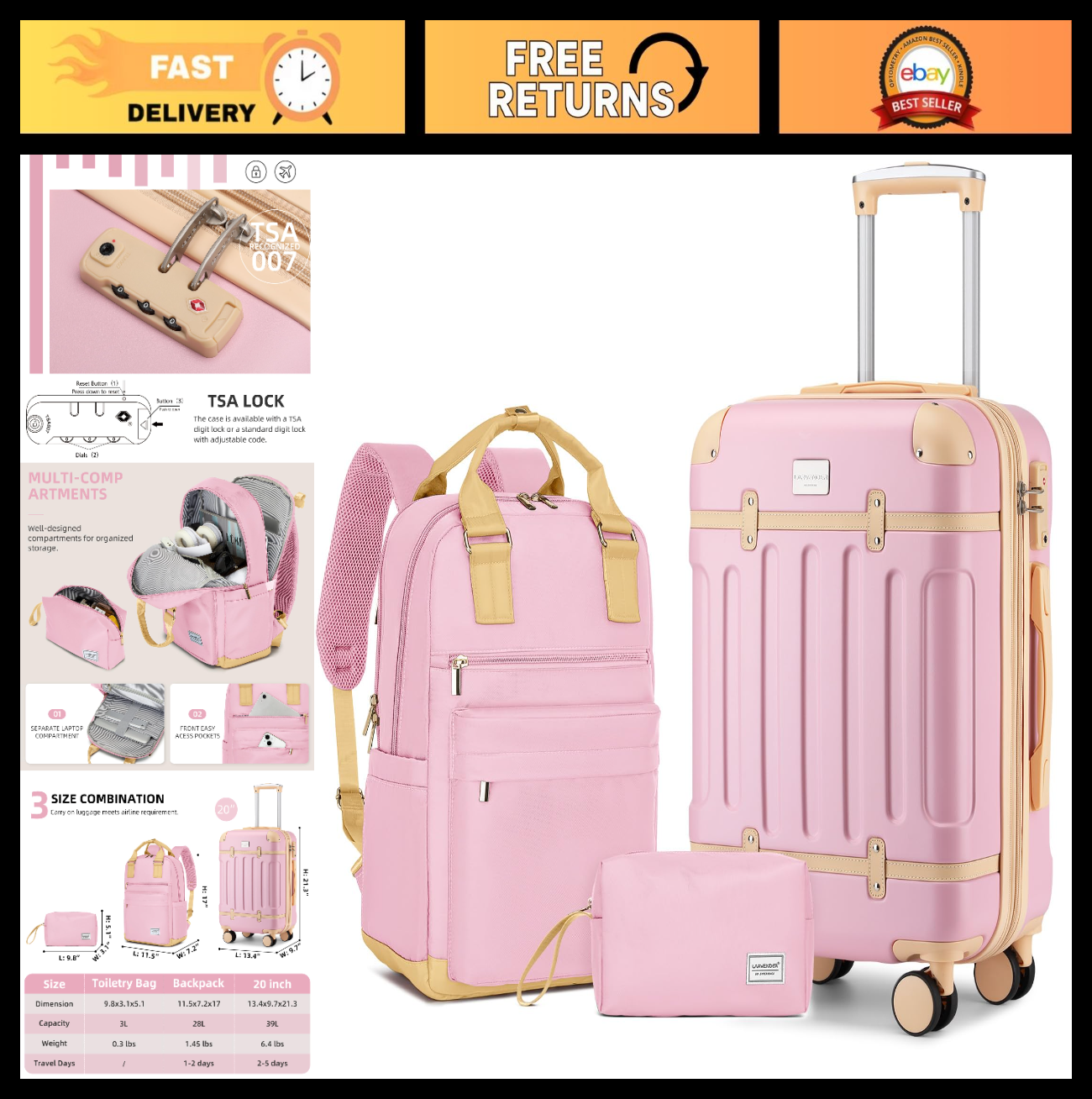 3-Piece Expandable Carry-On Luggage Set, Pink | Airline Approved, 360° Spinner W0