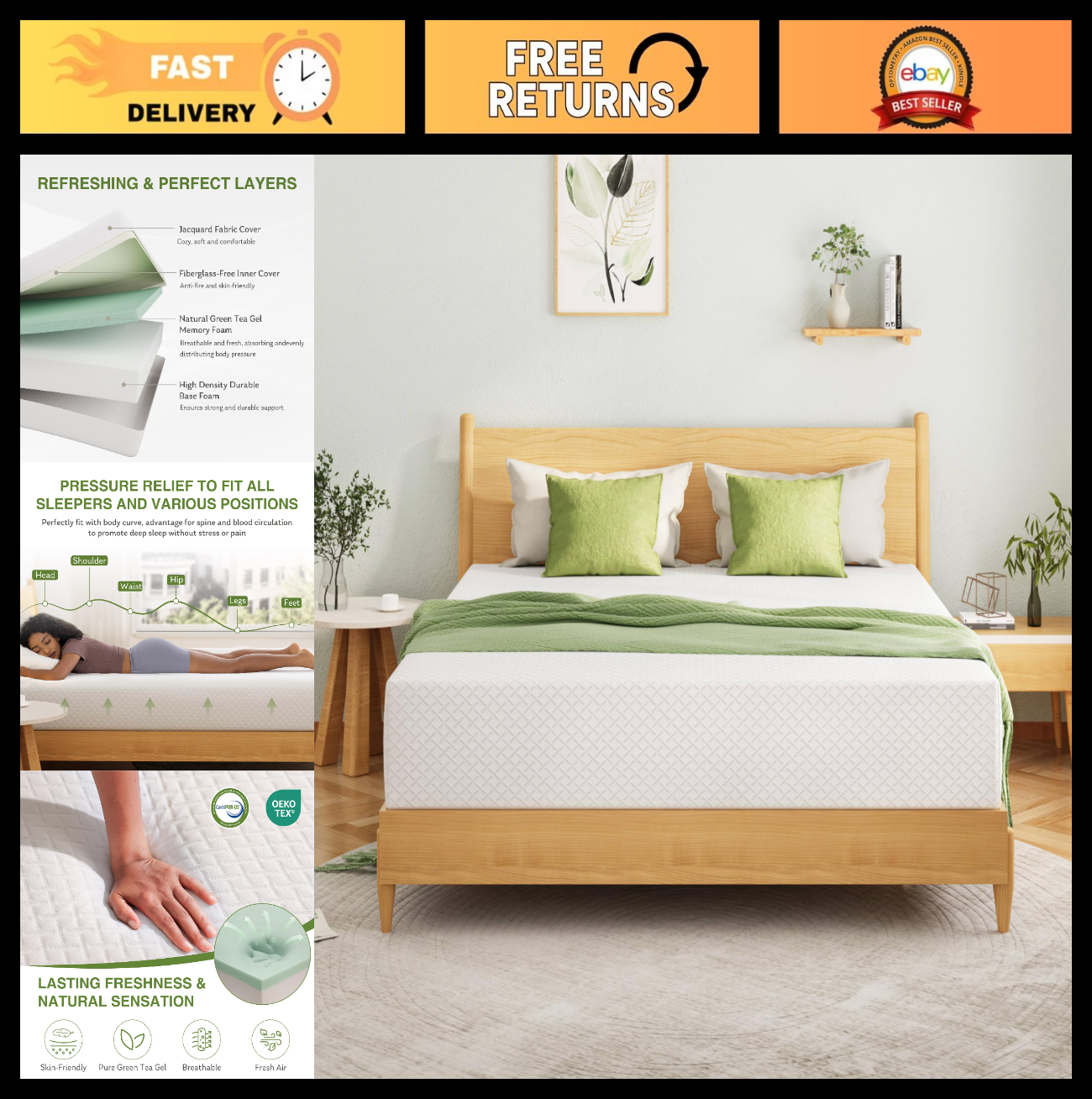 King Size 12" Memory Foam Mattress   Cooling Gel, Medium Firm, Pressure Relief,0