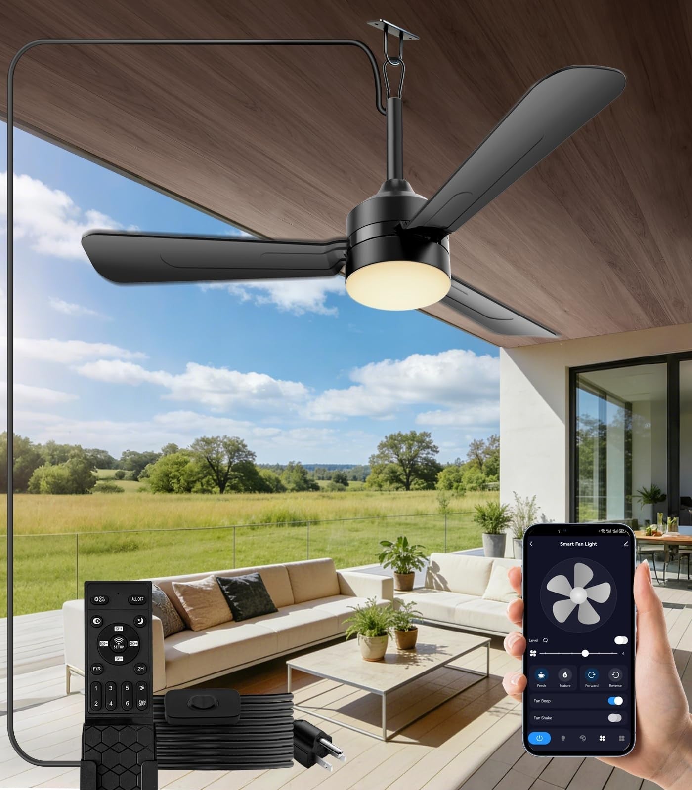 36" Plug in Ceiling Fan Light with Remote, Dimmable 3CCT LED, Reversible, Portab1