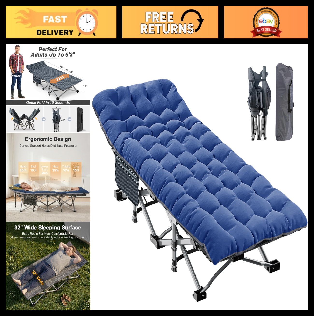 XXL Folding Camping Cot for Adults   32" Wide, 900 lb Capacity, Sturdy Frame, Re0