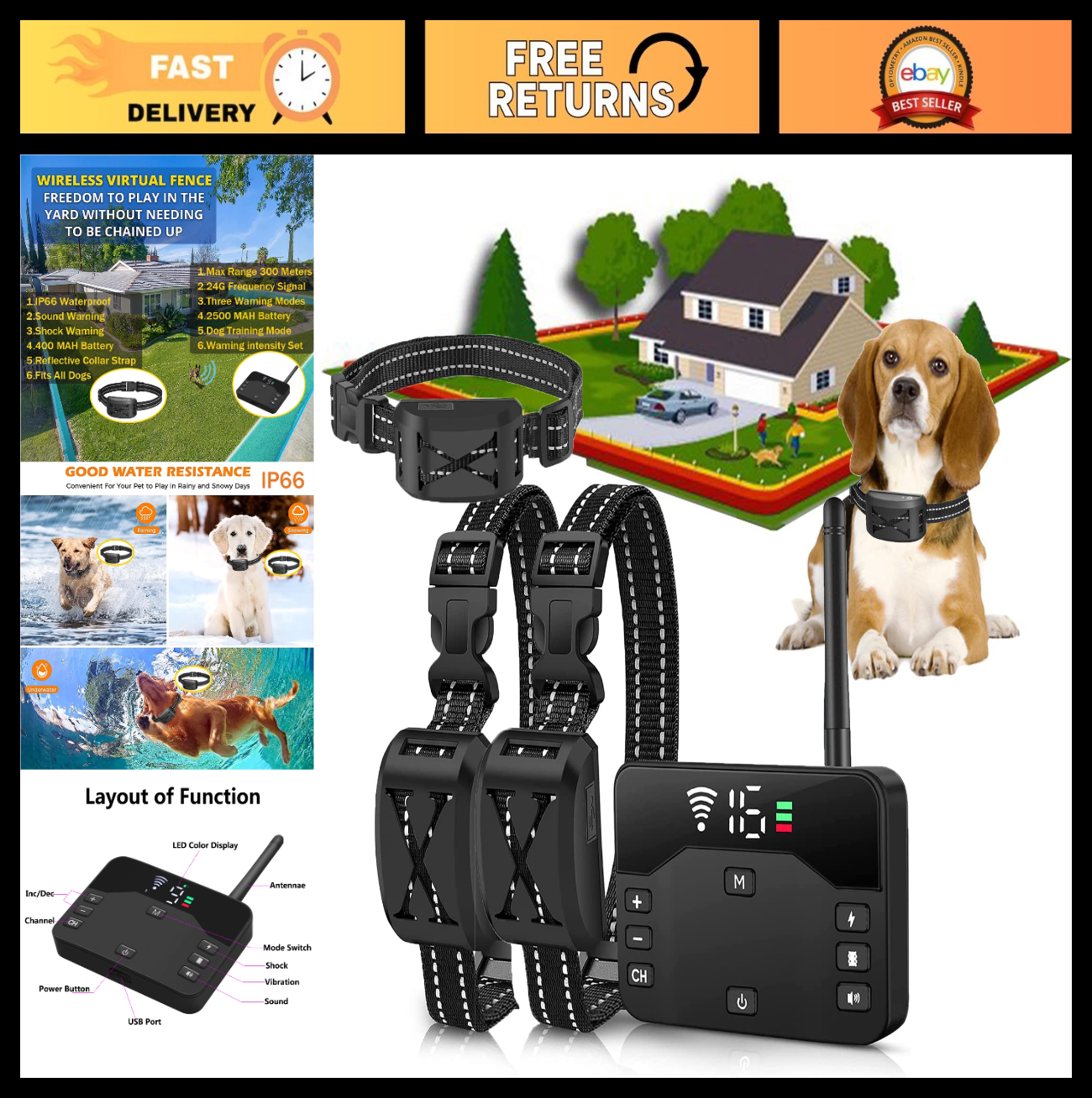 2-in-1 Wireless Dog Fence & Training Collar, Waterproof, Adjustable Vibration &0