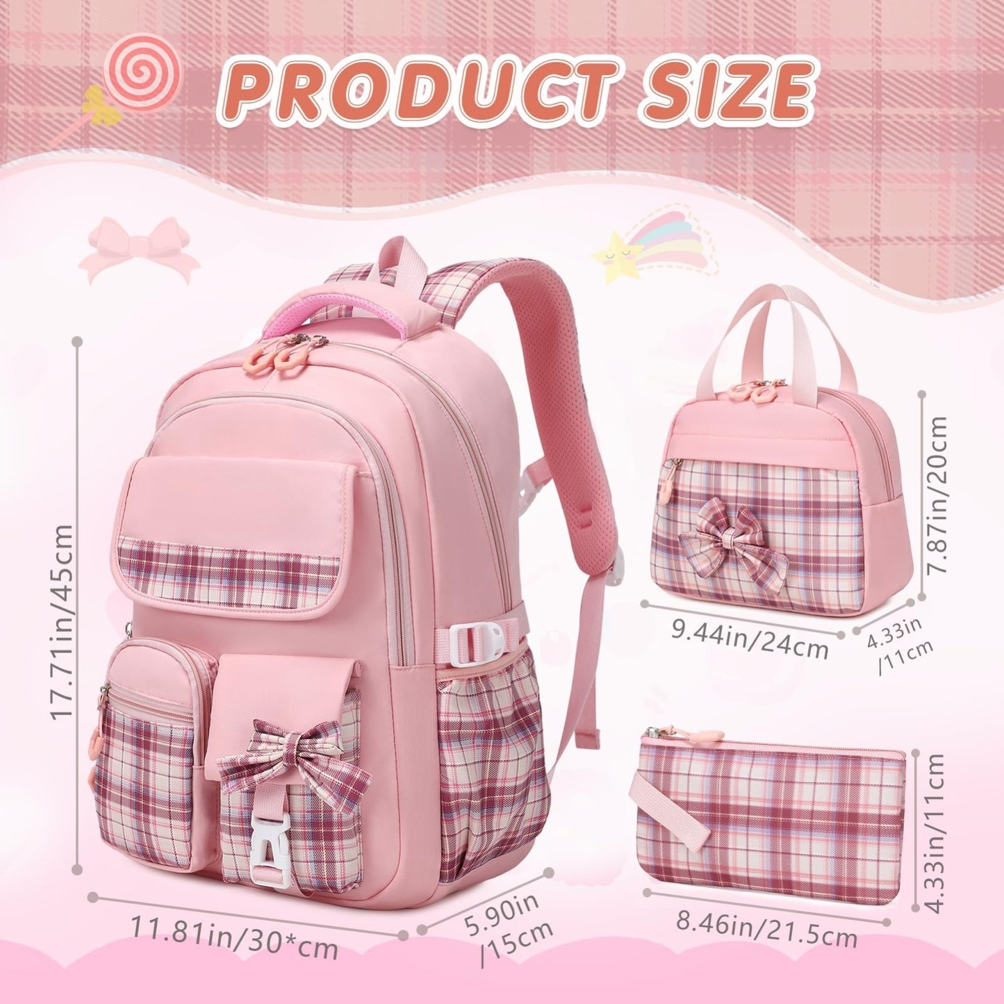 Stylish 3PCS School Backpack Set for Girls, 17" Bow Plaid Bookbag, Durable & Tre2