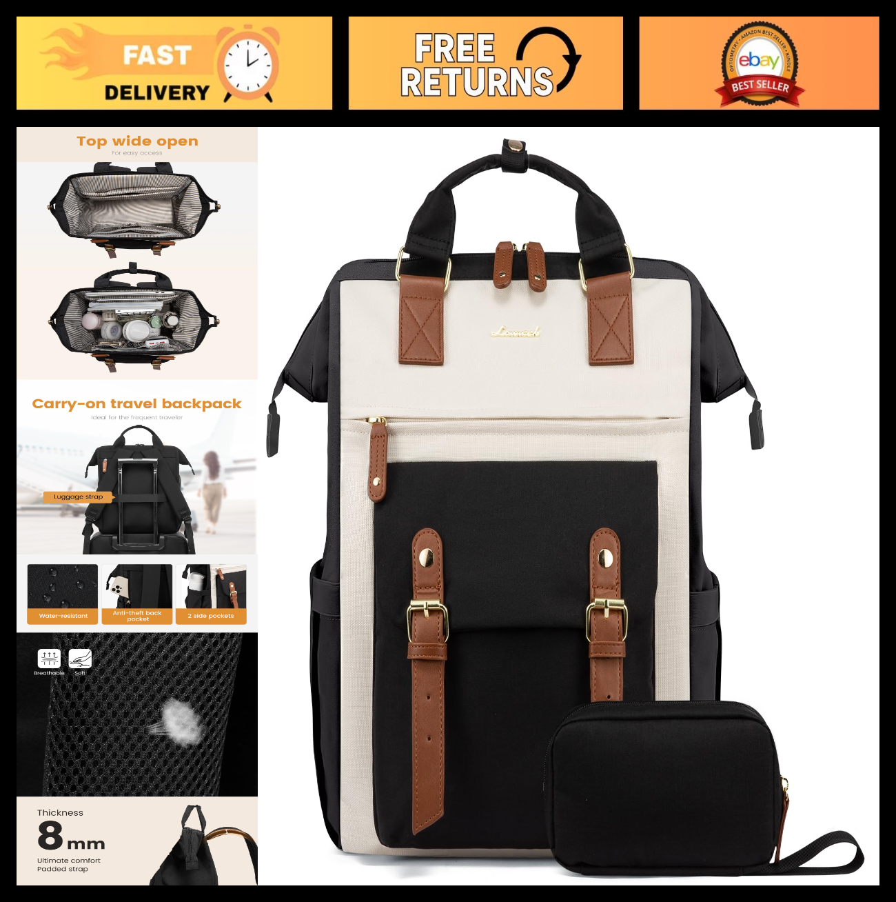 Stylish Laptop Backpack for Women   Work, Travel, College, 15.6"   Black/Brown/B0