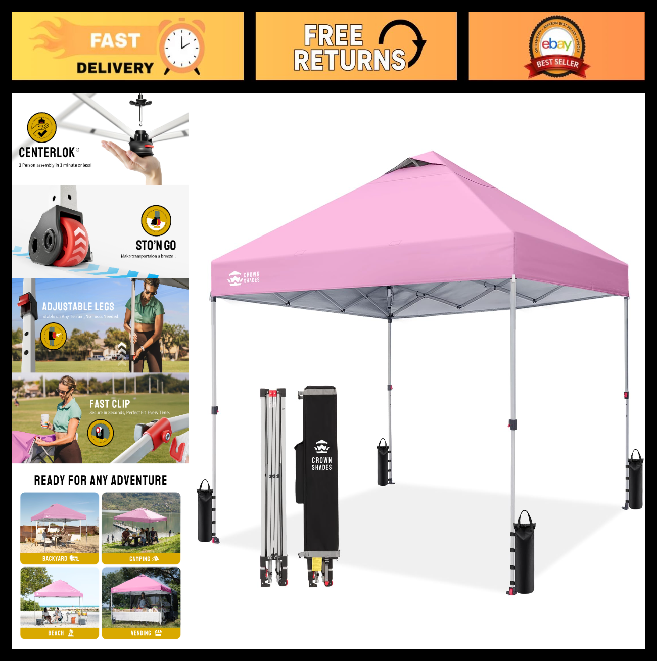 10x10 Pop Up Canopy Tent, Easy Setup Pink Gazebo, Outdoor Sun Shade for Events,0