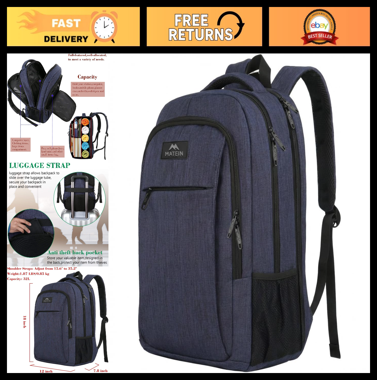 Slim Blue Laptop Backpack for Travel, Lightweight with Laptop Compartment & Pock0