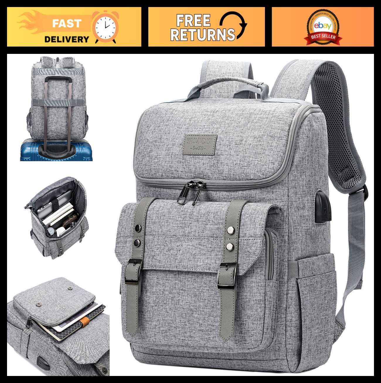 Vintage Laptop Backpack with USB Charging Port, Travel College Bag for 15.6" Lap0