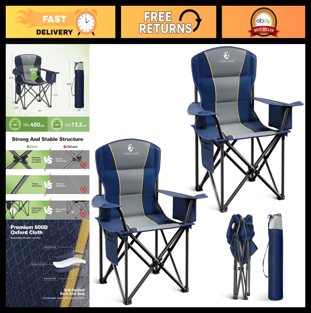 Oversized Heavy Duty Folding Camping Chair - Padded, Cup Holder & Cooler Bag, 450