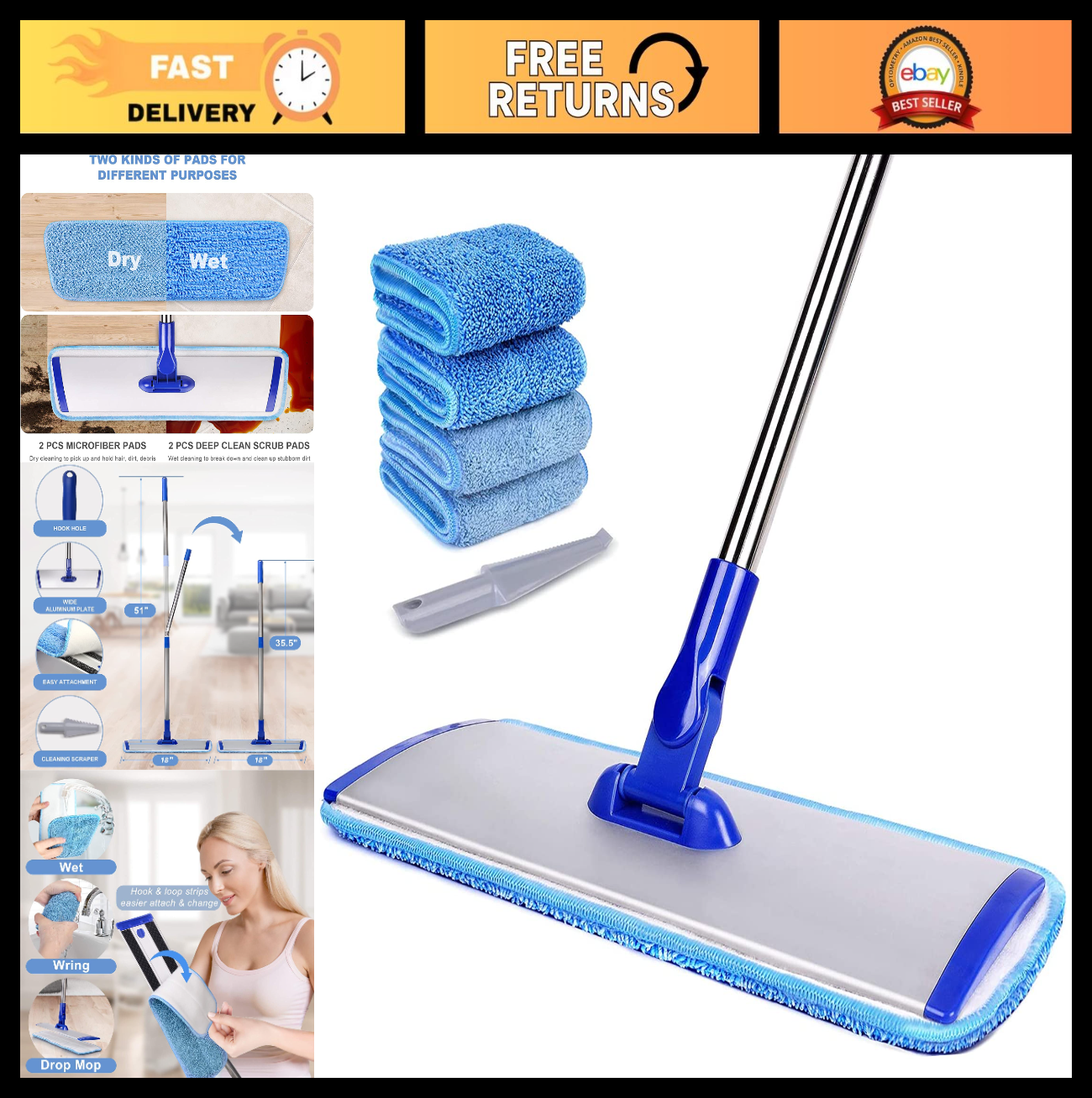 18" Microfiber Floor Mop with Stainless Steel Handle, 4 Washable Pads & Brush0