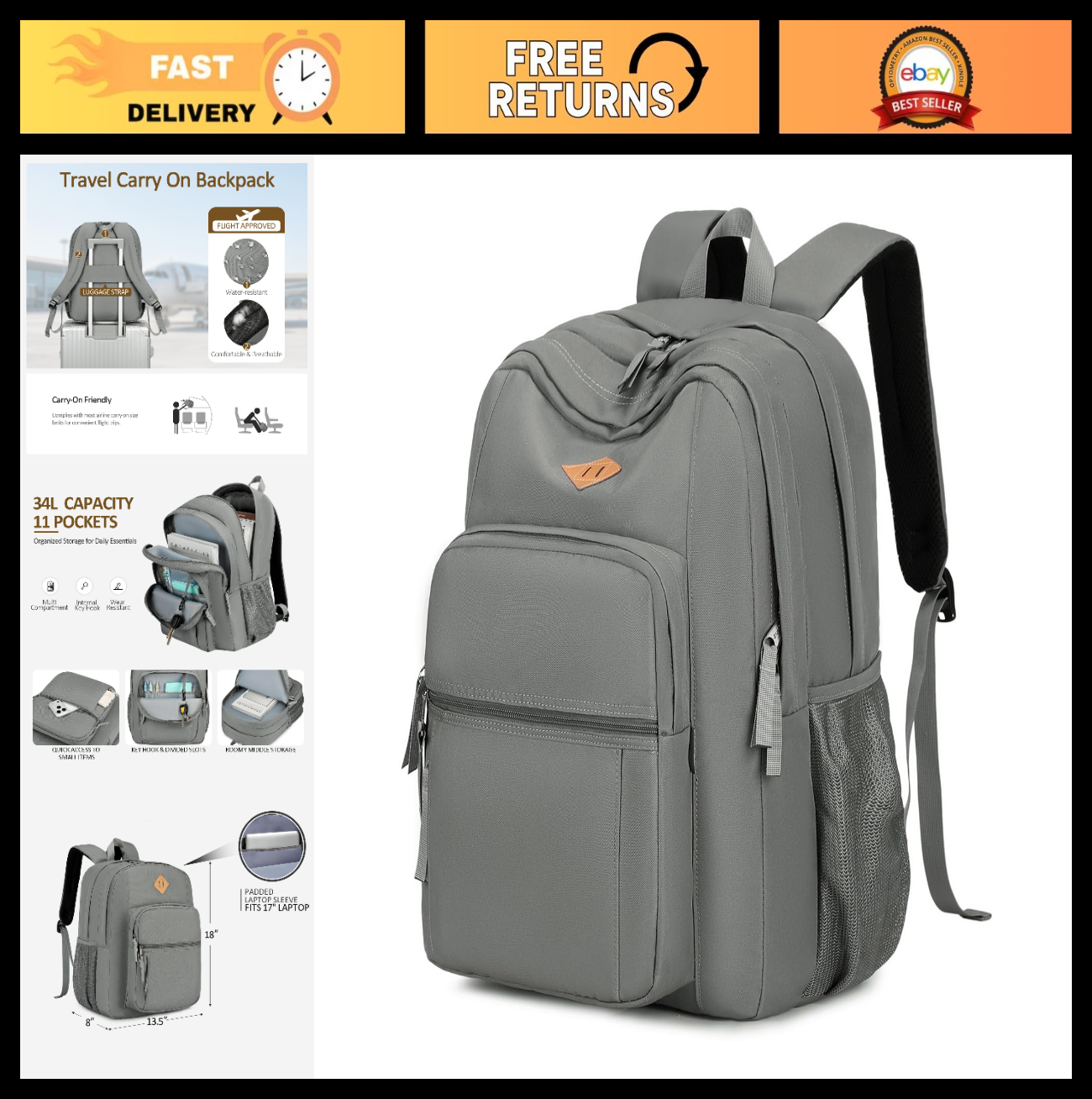 Water Resistant Large Travel Backpack for College, School, Men & Women   Grey0