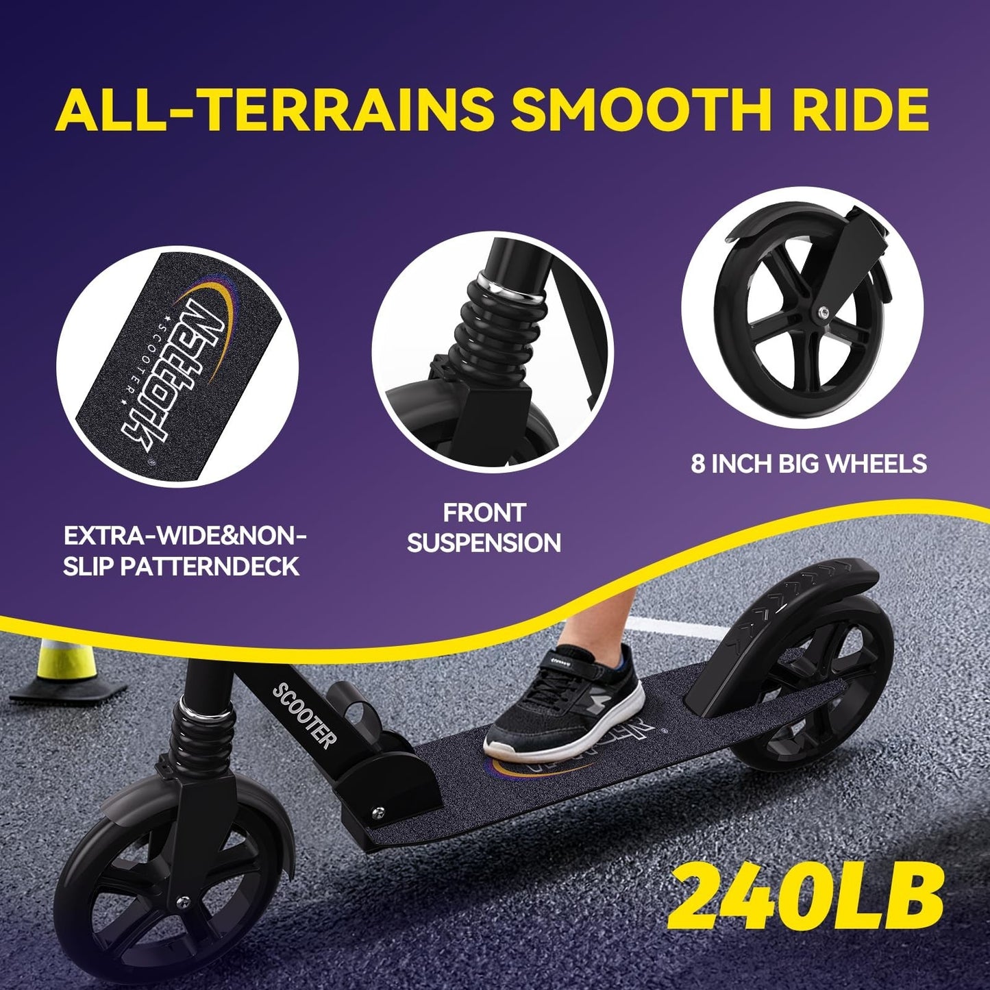 Adjustable Height Kick Scooter for Kids & Teens, 240 LBS Max Load, Foldable, 8"2