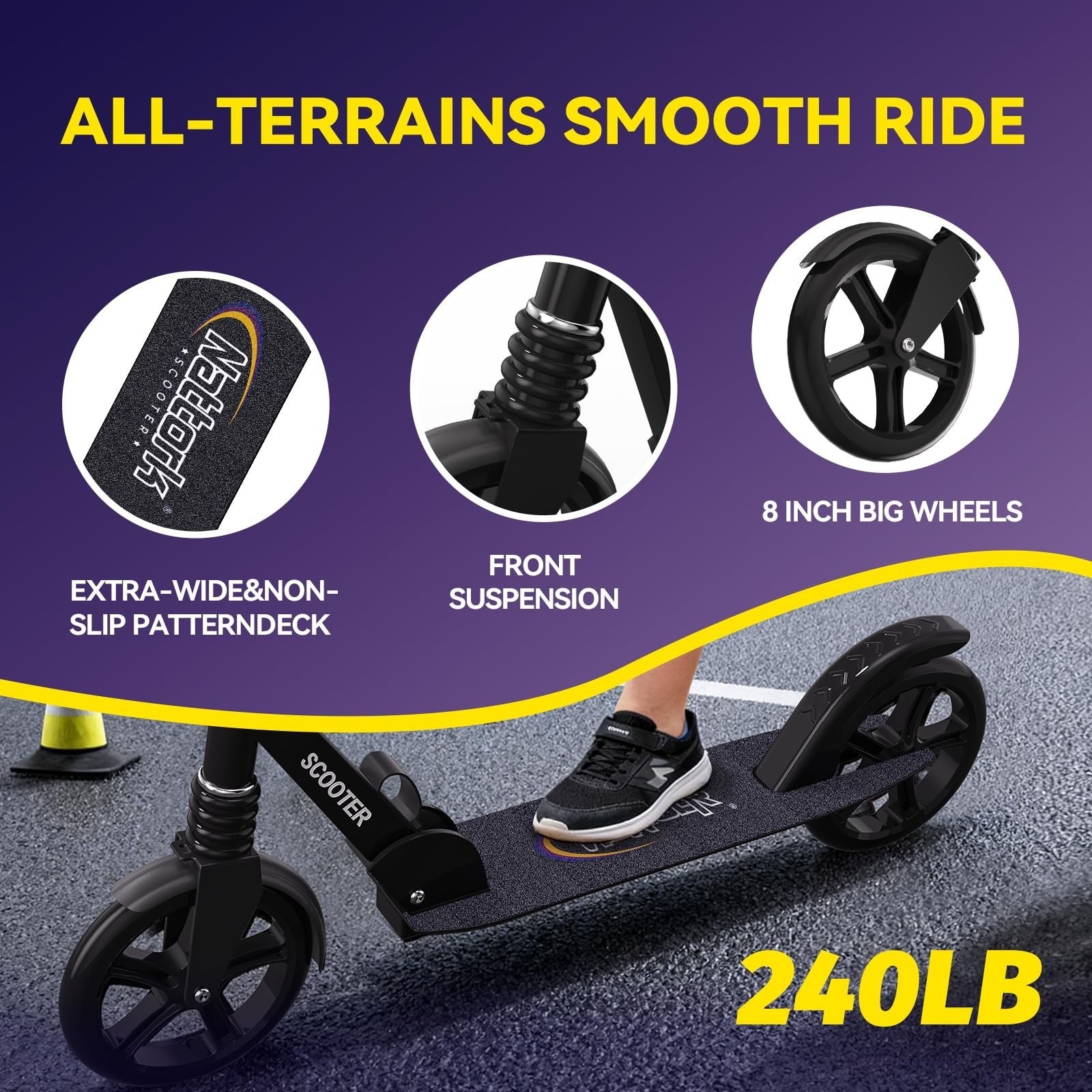 Adjustable Height Kick Scooter for Kids & Teens, 240 LBS Max Load, Foldable, 8"2