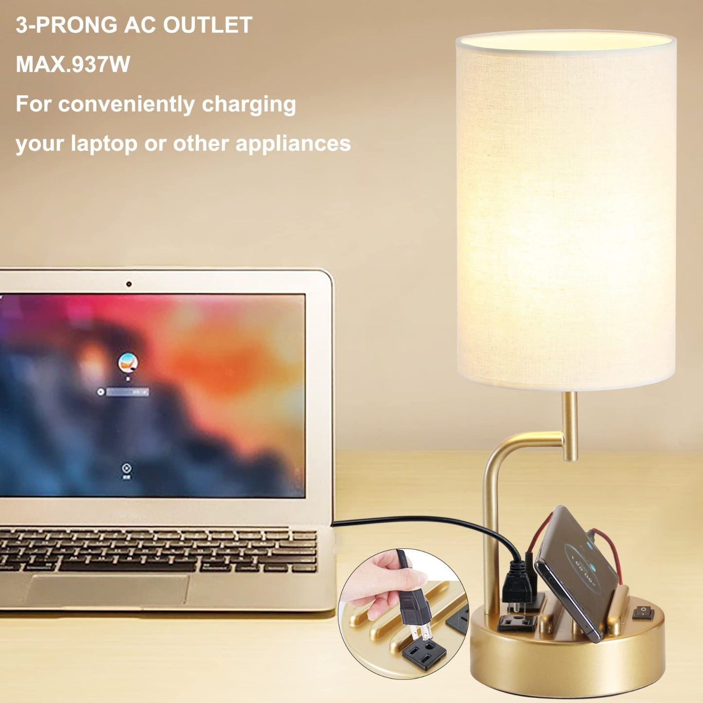 Modern Table Lamp with 3 USB Ports & AC Outlet, Bedside Desk Light, Set of 2   G3