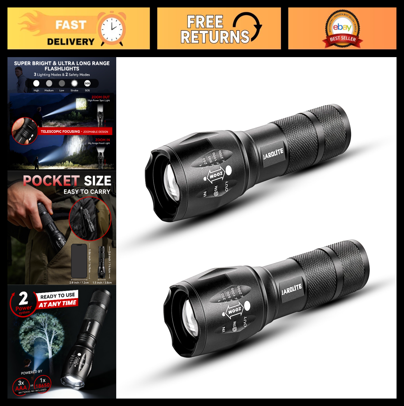 LED Emergency Handheld Flashlight 5 Modes, Adjustable Focus, Water Resistant, 20
