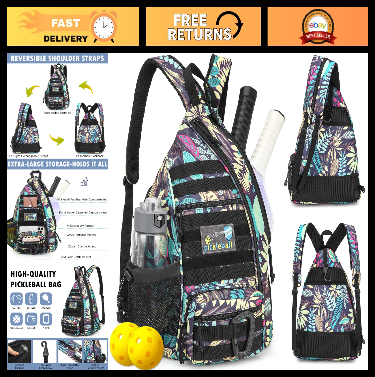 Tactical Pickleball Backpack - Adjustable Sling Bag with Fence Hook & Water Bott0