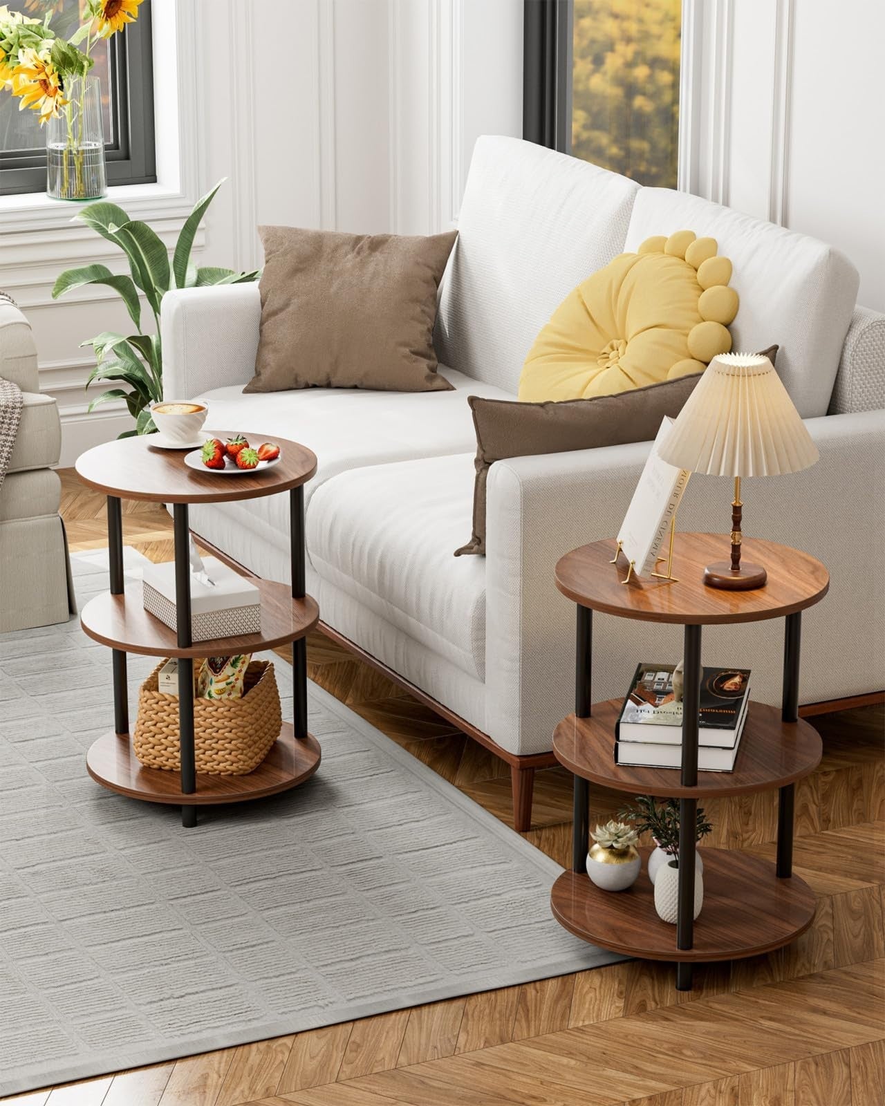 Round Coffee Table - Industrial Vintage Nightstand for Living Room, Bedroom & Sm5