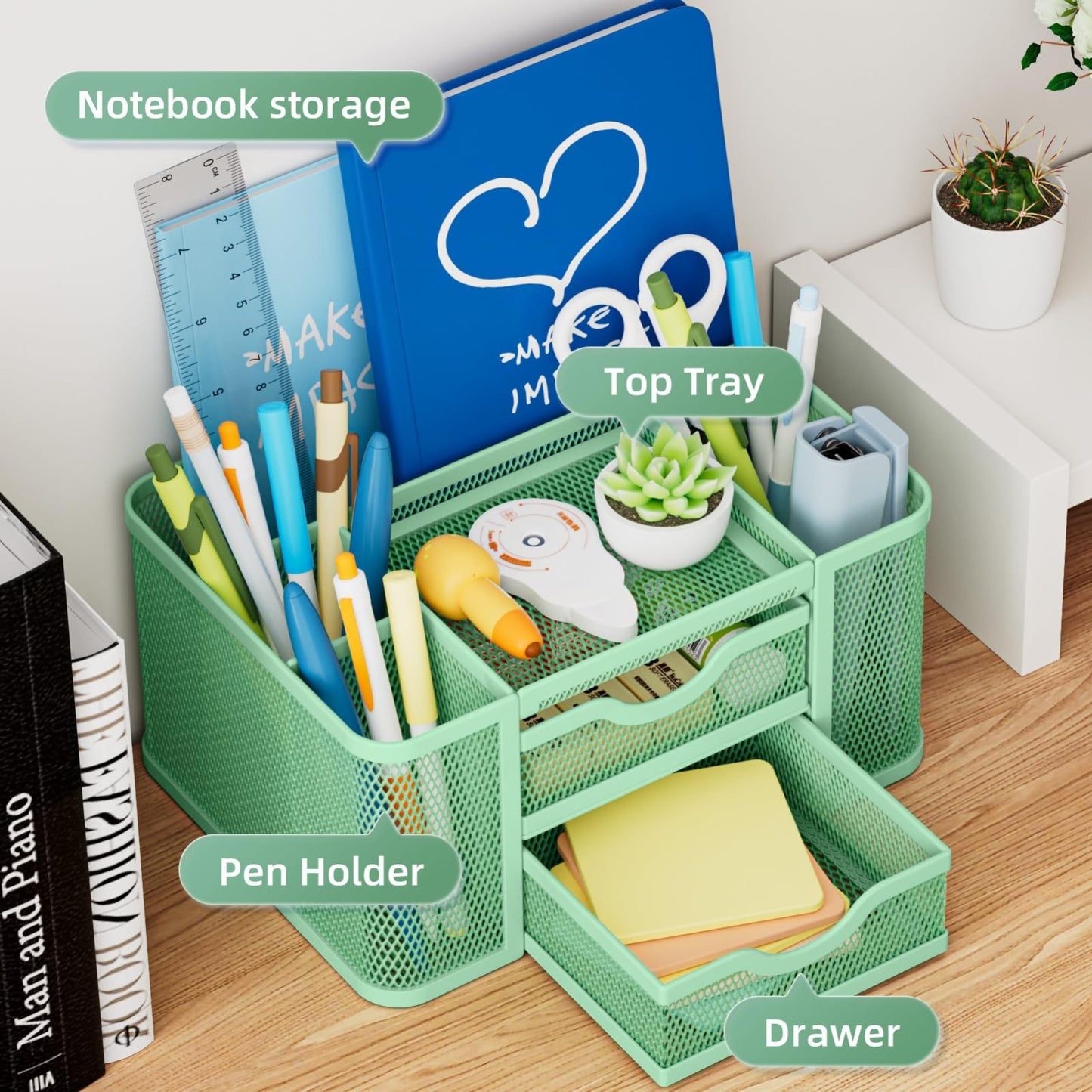 Multi Functional Mesh Desk Organizer with 2 Drawers, 5 Compartments, Green Penci3