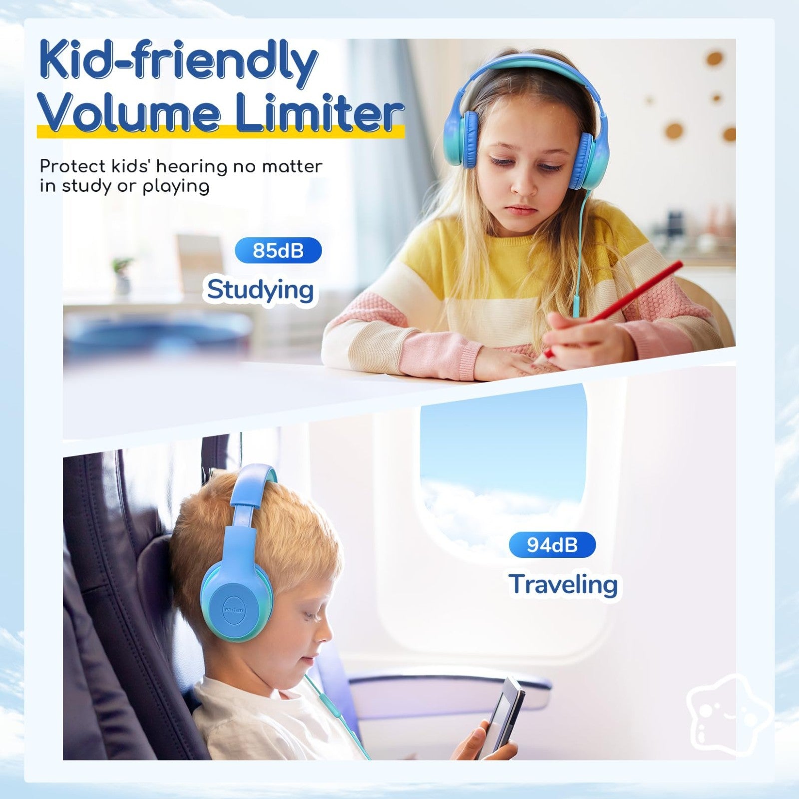 Wired Kids Headphones with Mic, USB Type C, 85dB Volume Limit, Foldable Stereo S5