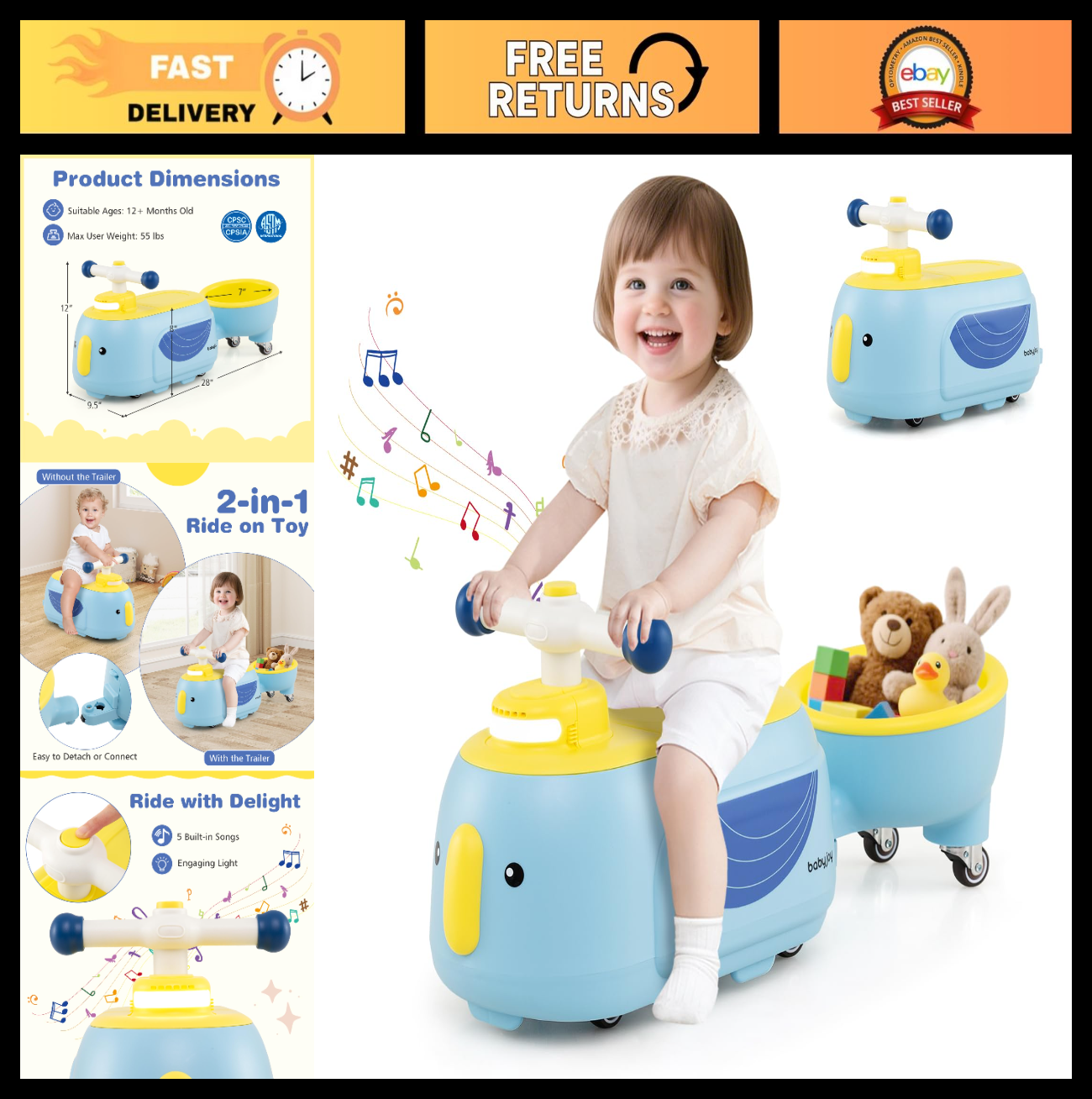 2-in-1 Ride-On Scooter with Trailer, Lights, Music & Storage - Kids Toy for 1+ Y0