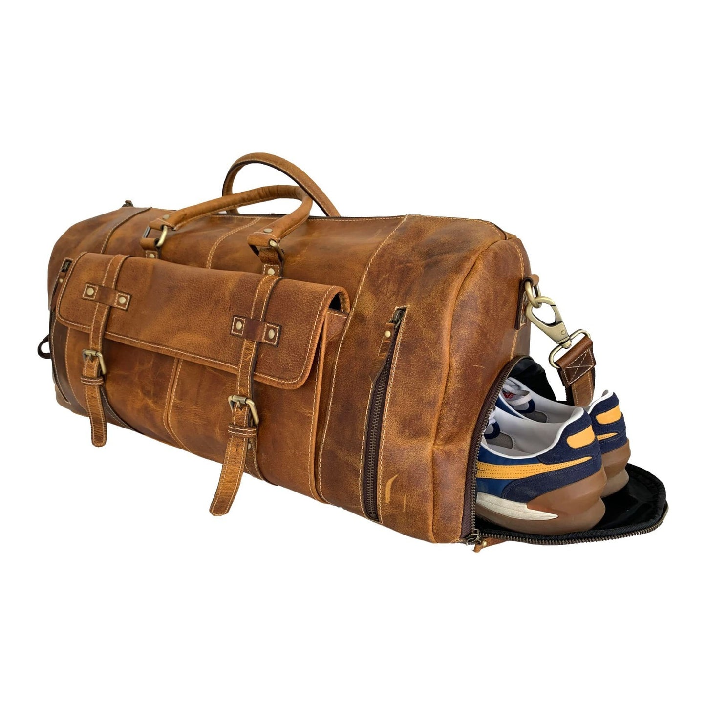 Leather Duffle Bag for Travel, Overnight & Gym - 28" Distressed Tan Holdall1