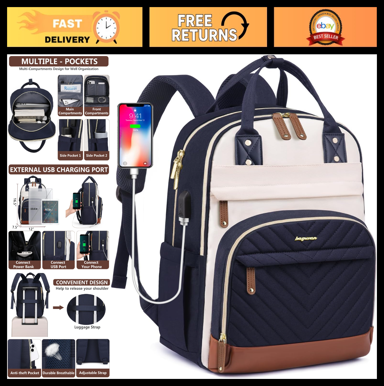 Stylish Laptop Backpack for Women, Fits 15.6" Laptops, Anti Theft, USB Charging,0