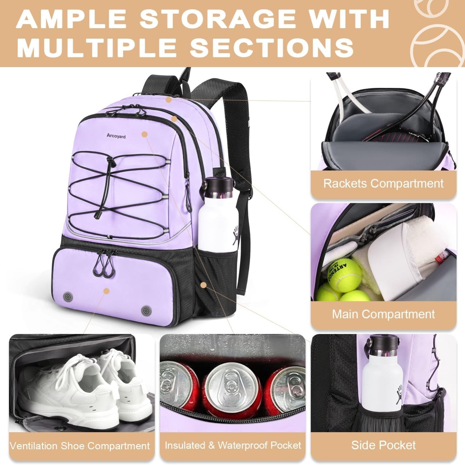 Tennis Bag for 2 Rackets, Professional Women's Tennis Backpack with Shoe Compart1