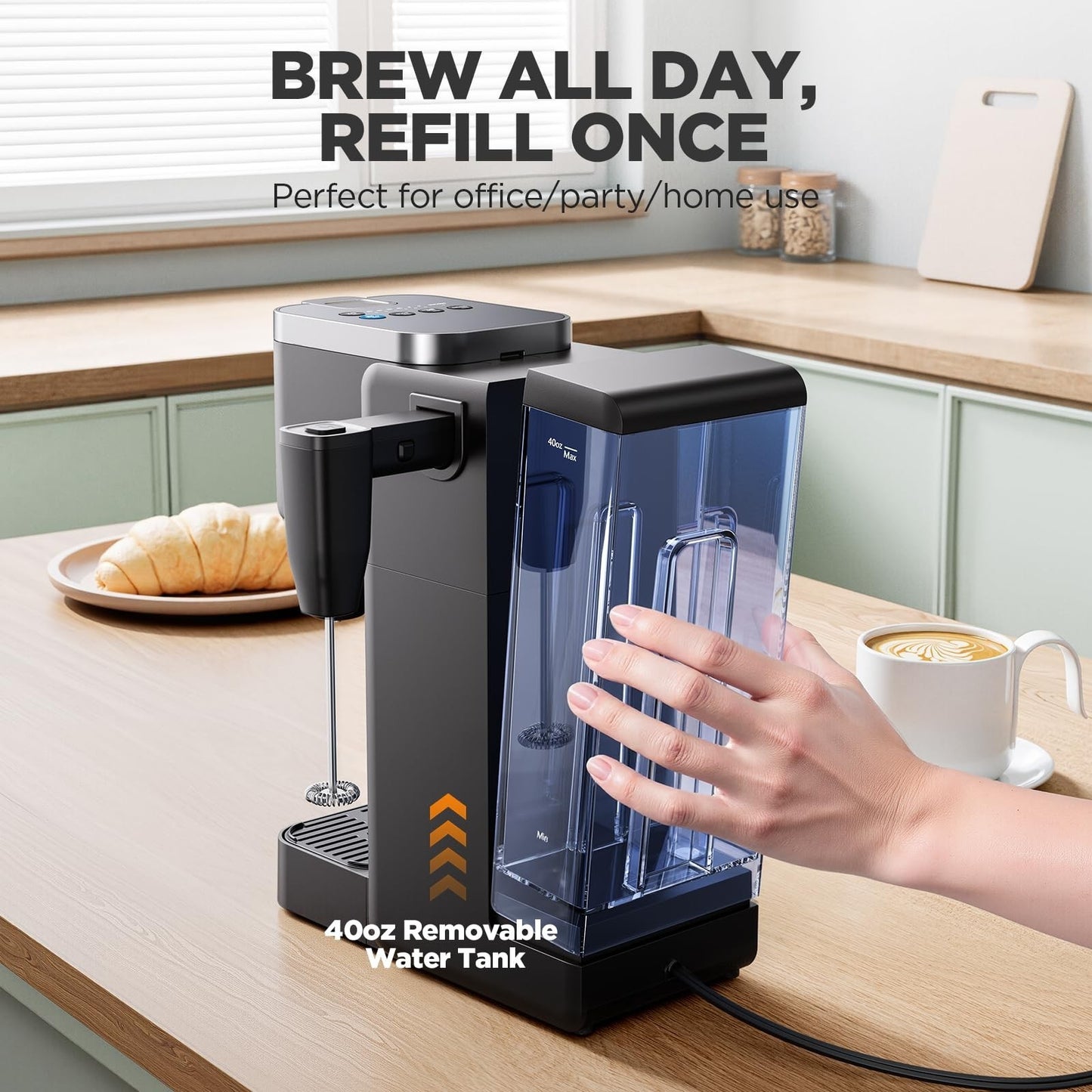 Single Serve Coffee Maker with Milk Frother, 40oz Tank, 6 Brew Sizes, BPA Free6